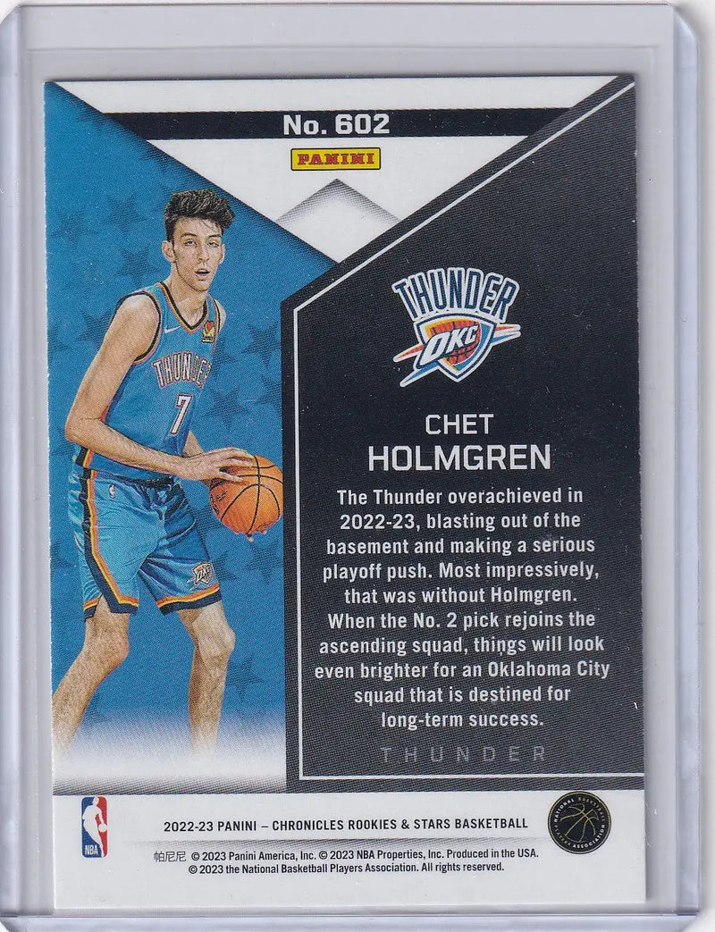 Basketball trading card of Chet Holmgren from Oklahoma City Thunder 2022-23 Panini series