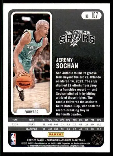 Basketball card featuring Jeremy Sochan from Panini Chronicles 2022-23 Spurs series