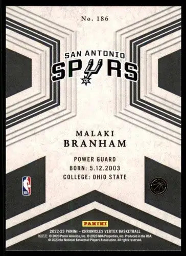Original gloss Malaki Branham basketball card from Panini Chronicles Spurs Vertex model