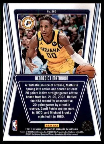 Benedict Mathurin basketball card from Panini Chronicles with original gloss and Marquee design