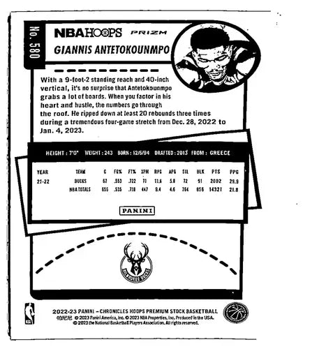 2022-23 Panini Chronicles #580 Giannis Antetokounmpo Hoops Premium Stoc ID:73814 - Basketball Card Single