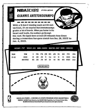 Original gloss Giannis Antetokounmpo Hoops basketball card from 2022-23 Panini Chronicles