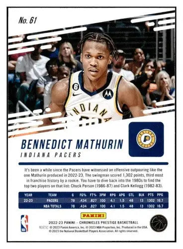 2022-23 Panini Chronicles #61 Bennedict Mathurin NM-MT Pacers Prestige ID:73781 - Basketball Card Single