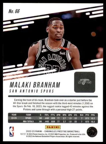 Original gloss Panini Chronicles Malaki Branham basketball card from 2022-23 Spurs Prestige