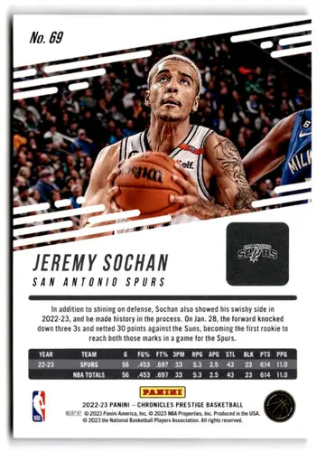 Original gloss basketball card of Jeremy Sochan from Panini Chronicles Spurs set