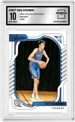 A graded basketball trading card of Chet Holmgren from Panini Chronicles Chet collection