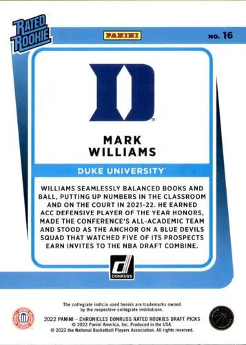 2022-23 Panini Chronicles Draft Picks Donruss Rated Rookies #16 Mark Wi ID:46705 - Basketball Card Single