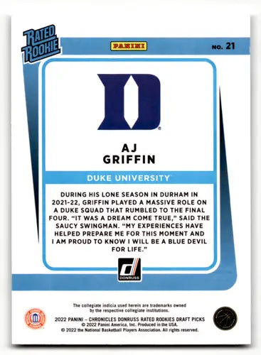 2022-23 Panini Chronicles Draft Picks Donruss Rated Rookies Black #21 A ID:46696 - Basketball Card Single