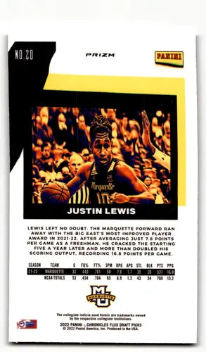 Sports trading card featuring Justin Lewis from 2022-23 Panini Chronicles Draft Picks Flux