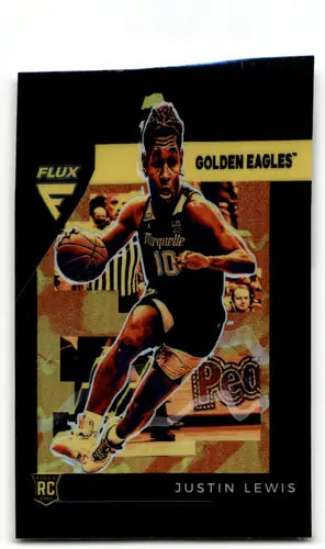 Black and gold Panini Chronicles Draft Picks Flux basketball trading card featuring Justin Lewis in action