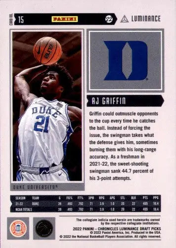 AJ Griffin basketball card from Panini Chronicles Draft Picks 2022-23 Luminance