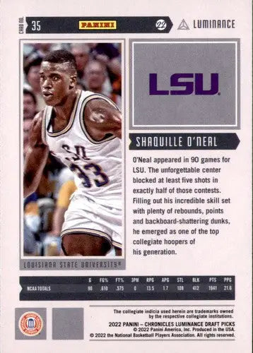 Shaquille O Neal basketball card from Panini Chronicles Draft Picks Luminance series