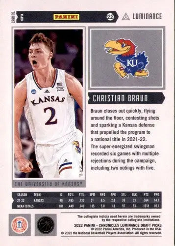 2022-23 Panini Chronicles Draft Picks Luminance #6 Christian Braun NM-M ID:46670 - Basketball Card Single