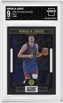 Graded NBA trading card featuring Nikola Jokic from 2022-23 Panini Chronicles Arena Club