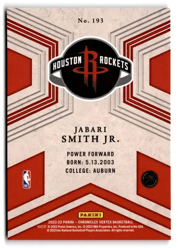 Basketball card from Panini Chronicles Pink featuring Jabari Smith Jr. Rockets Vert