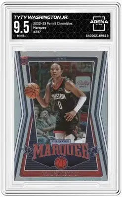 A graded Panini Chronicles Tyty Washington Jr. basketball trading card in display