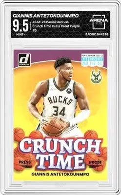 Graded Panini Donruss Giannis Antetokounmpo Crunch Time Purple basketball card 2022-23