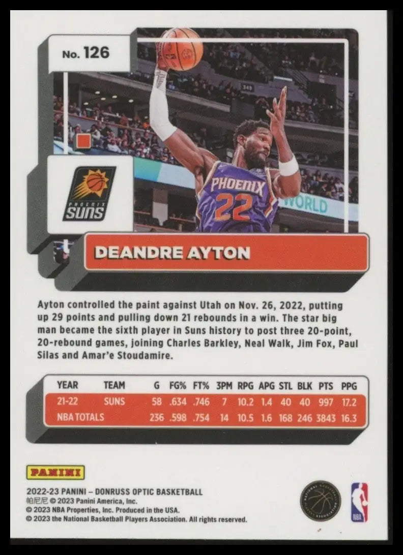 2022-23 Panini Donruss Optic DeAndre Ayton #126 Phoenix Suns Basketball Card NBA - Basketball Card Single