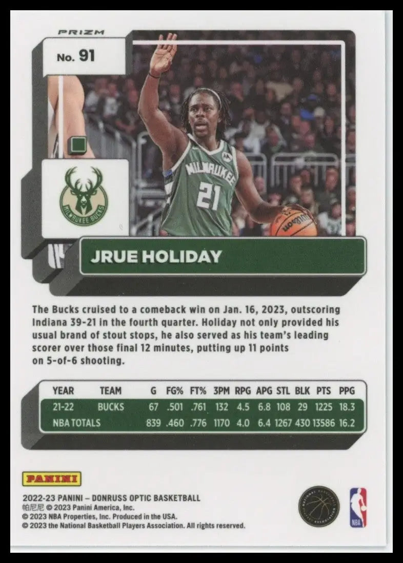 2022-23 Panini Donruss Optic - Jrue Holiday #91 Purple Shock Prizm - Basketball Card Single