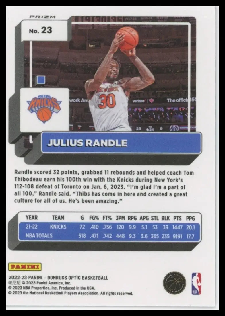 2022-23 Panini Donruss Optic - Julius Randle #23 Pink Hyper Prizm - Basketball Card Single