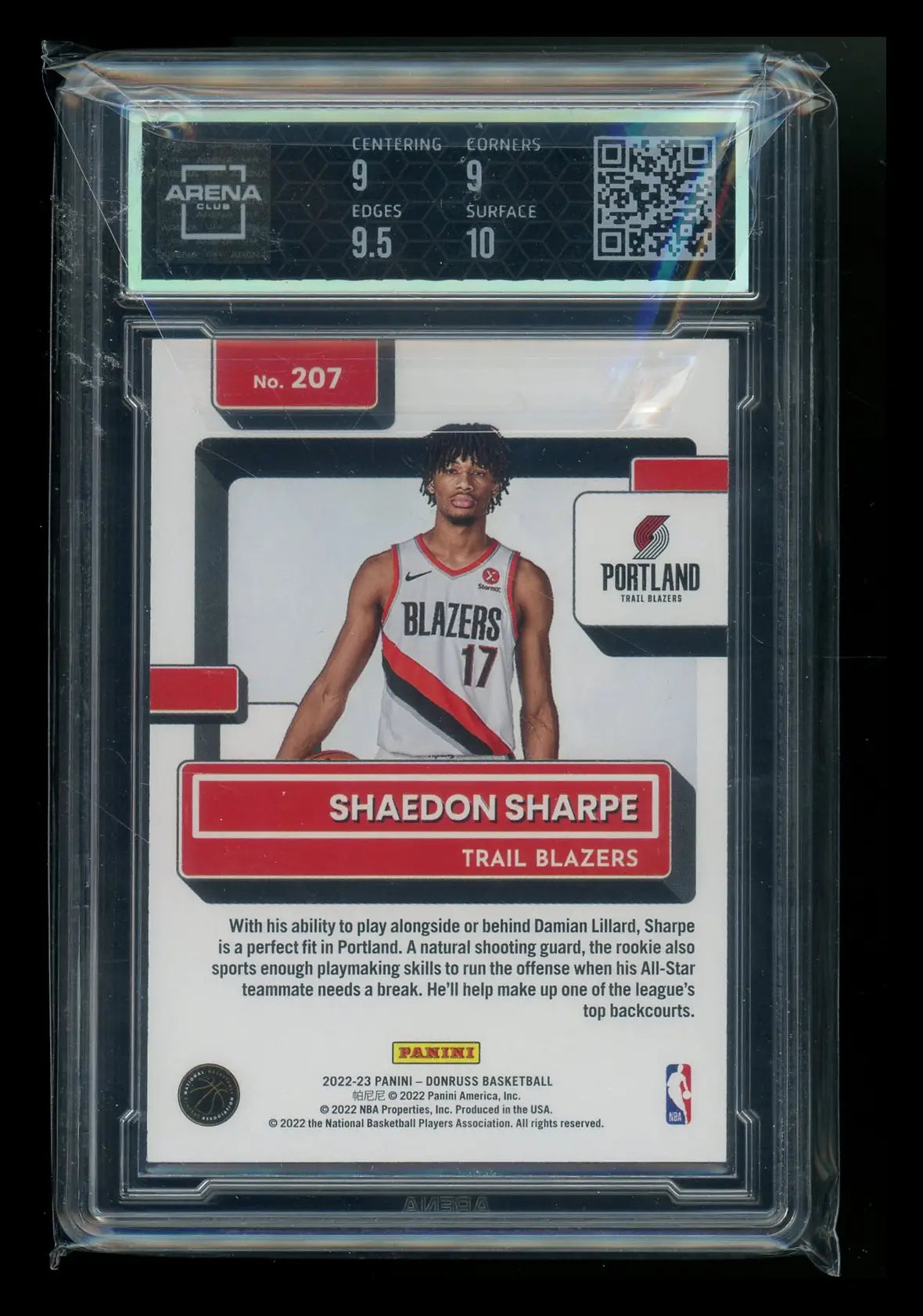 2022-23 Panini Donruss Rated Rookie Shaedon Sharpe #207 Arena Club 9.5 - Basketball Card Single