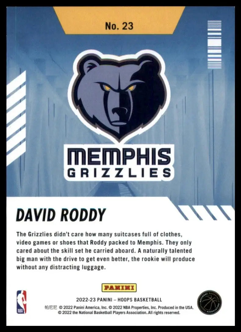 2022-23 Panini Hoops Arriving Now David Roddy #23 Memphis Grizzlies Basketball