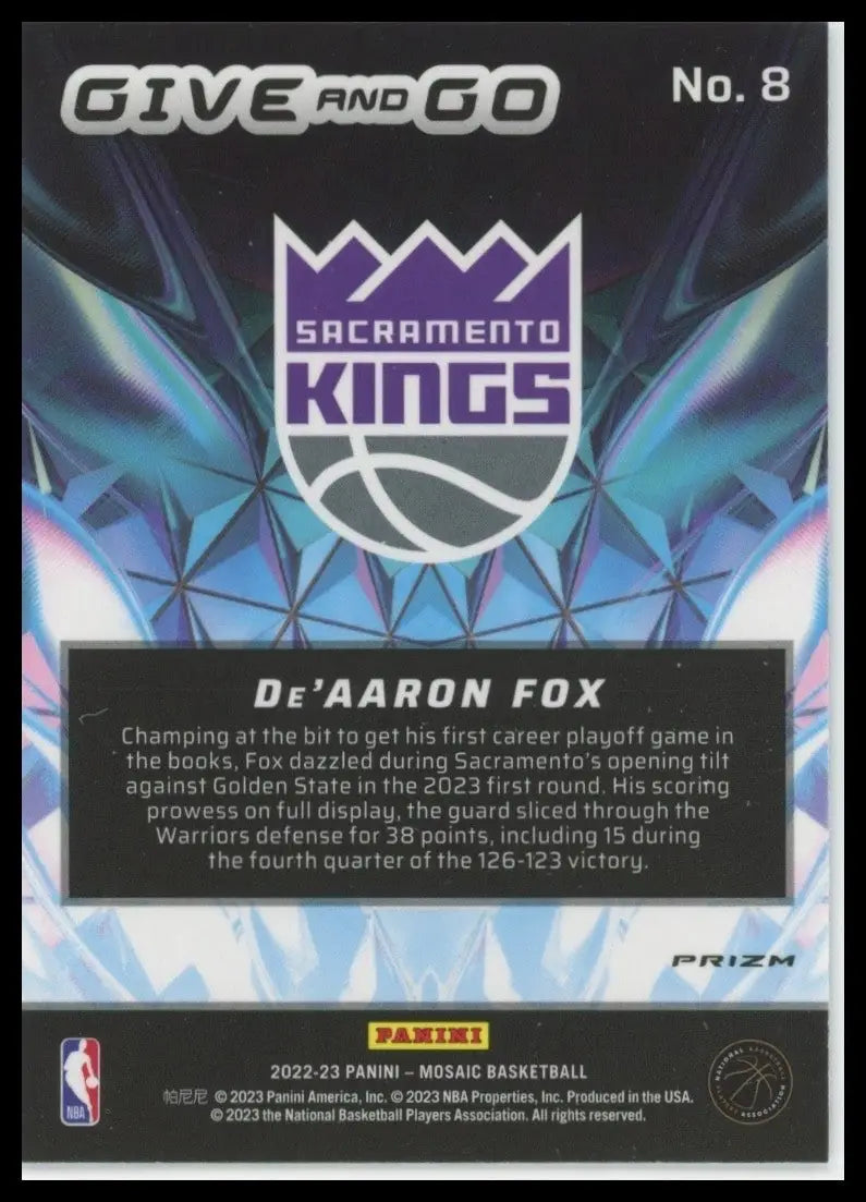 2022-23 Panini Mosaic Silver Mosaic Give and Go DeAaron Fox #8 Sacramento Kings - Basketball Card Single