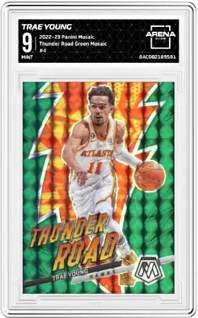 2022-23 Panini Mosaic Trae Young #4 Thunder Road Green Mosaic Arena Club 9 - Basketball Card Single