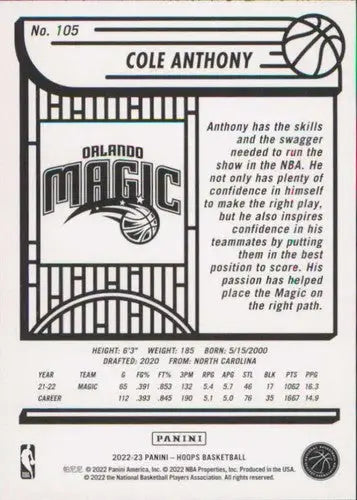 Original gloss basketball card from Panini NBA Hoops 2022-23 featuring Cole Anthony