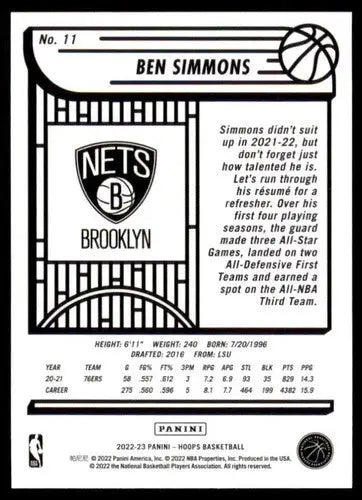 Ben Simmons basketball card from Panini NBA Hoops 2022-23 Nets ID 54797