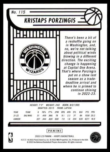 2022-23 Panini NBA Hoops #115 Kristaps Porzingis NM-MT Wizards ID:51936 - Basketball Card Single