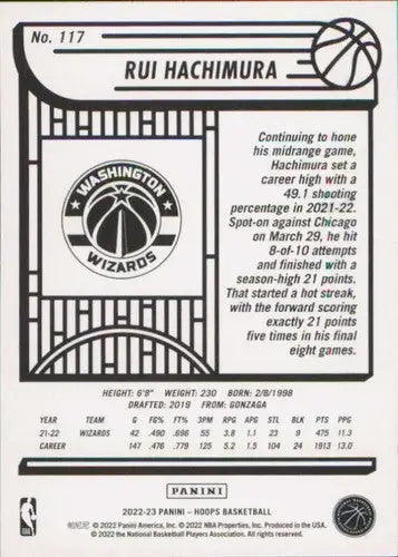 2022-23 Panini NBA Hoops #117 Rui Hachimura NM-MT Wizards ID:51938 - Basketball Card Single