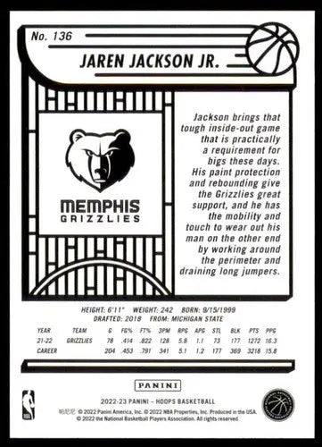 2022-23 Panini NBA Hoops #136 Jaren Jackson Jr. NM-MT Grizzlies ID:51956 - Basketball Card Single