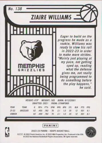 2022-23 Panini NBA Hoops #138 Ziaire Williams NM-MT Grizzlies ID:51958 - Basketball Card Single