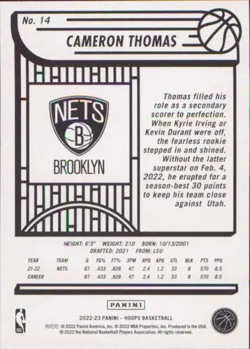 Cameron Thomas basketball card from Panini NBA Hoops 2022-23 Nets product