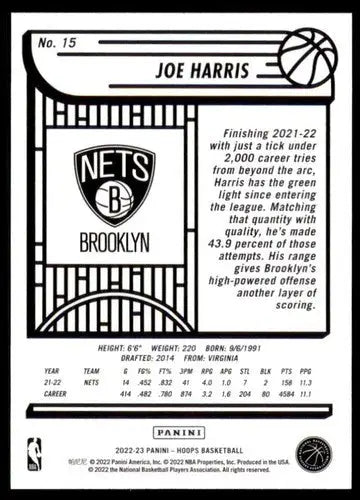 2022-23 Panini NBA Hoops #15 Joe Harris NM-MT Nets ID:51250 - Basketball Card Single