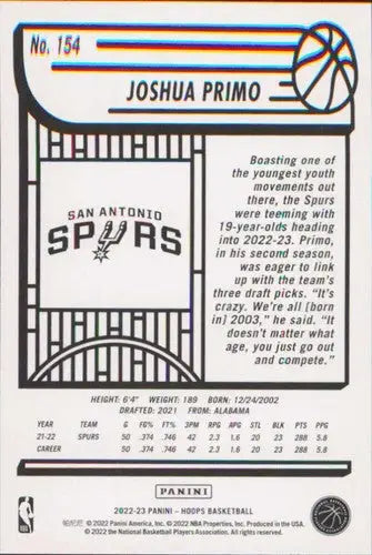 2022-23 Panini NBA Hoops #154 Joshua Primo NM-MT Spurs ID:51973 - Basketball Card Single