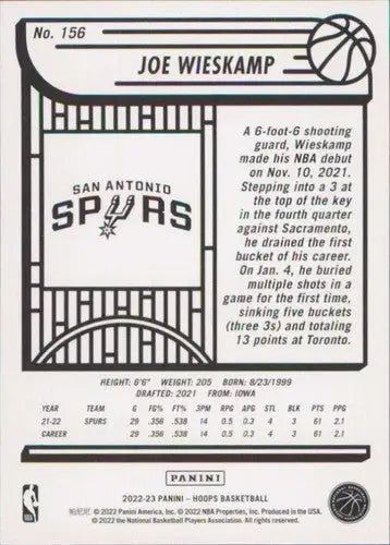 2022-23 Panini NBA Hoops #156 Joe Wieskamp NM-MT Spurs ID:54736 - Basketball Card Single