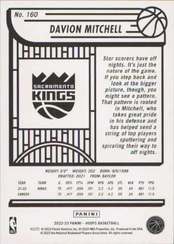 2022-23 Panini NBA Hoops #160 Davion Mitchell NM-MT Sac Kings ID:51979 - Basketball Card Single