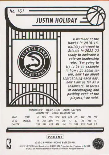2022-23 Panini NBA Hoops #161 Justin Holiday NM-MT Hawks ID:54439 - Basketball Card Single