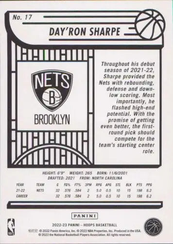 Original gloss Panini NBA Hoops Day Ron Sharpe basketball card Nets ID 51252
