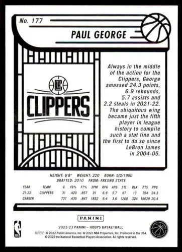 2022-23 Panini NBA Hoops #177 Paul George NM-MT Clippers ID:54263 - Basketball Card Single