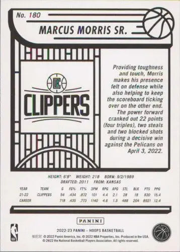 Basketball card back featuring original gloss from Panini NBA Hoops 2022-23 Marcus Morris Sr