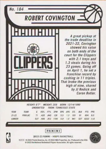 Back side of 2022-23 Panini NBA Hoops Robert Covington basketball card for Clippers