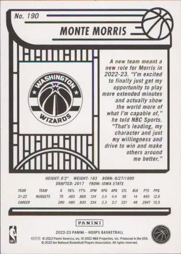2022-23 Panini NBA Hoops #190 Monte Morris NM-MT Wizards ID:52008 - Basketball Card Single