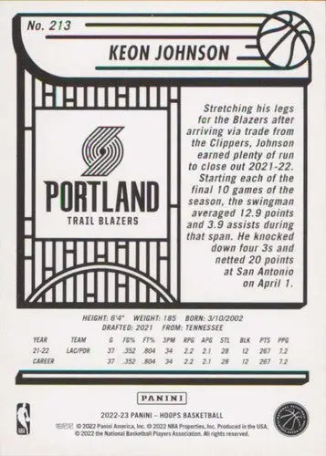 Original gloss Keon Johnson basketball card from Panini NBA Hoops 2022-23 Blazers
