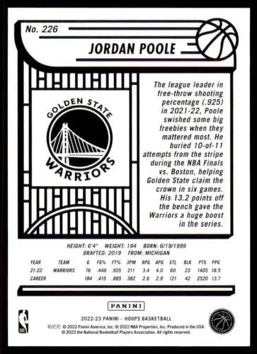 2022-23 Panini NBA Hoops #226 Jordan Poole NM-MT Warriors ID:52100 - Basketball Card Single