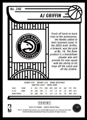 2022-23 Panini NBA Hoops #246 AJ Griffin NM-MT RC Rookie Hawks ID:52118 - Basketball Card Single