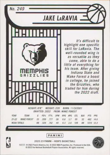 2022-23 Panini NBA Hoops #249 Jake LaRavia NM-MT RC Rookie Grizzlies ID:54241 - Basketball Card Single
