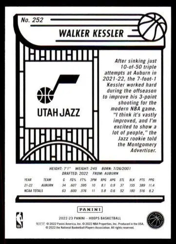 2022-23 Panini NBA Hoops #252 Walker Kessler NM-MT RC Rookie Jazz ID:54259 - Basketball Card Single